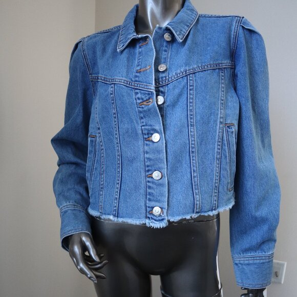 Veronica Beard Jackets & Blazers - Veronica Beard Blue Denim Jacket Sweeney Cropped Raw Hem Size Large New Tag $428